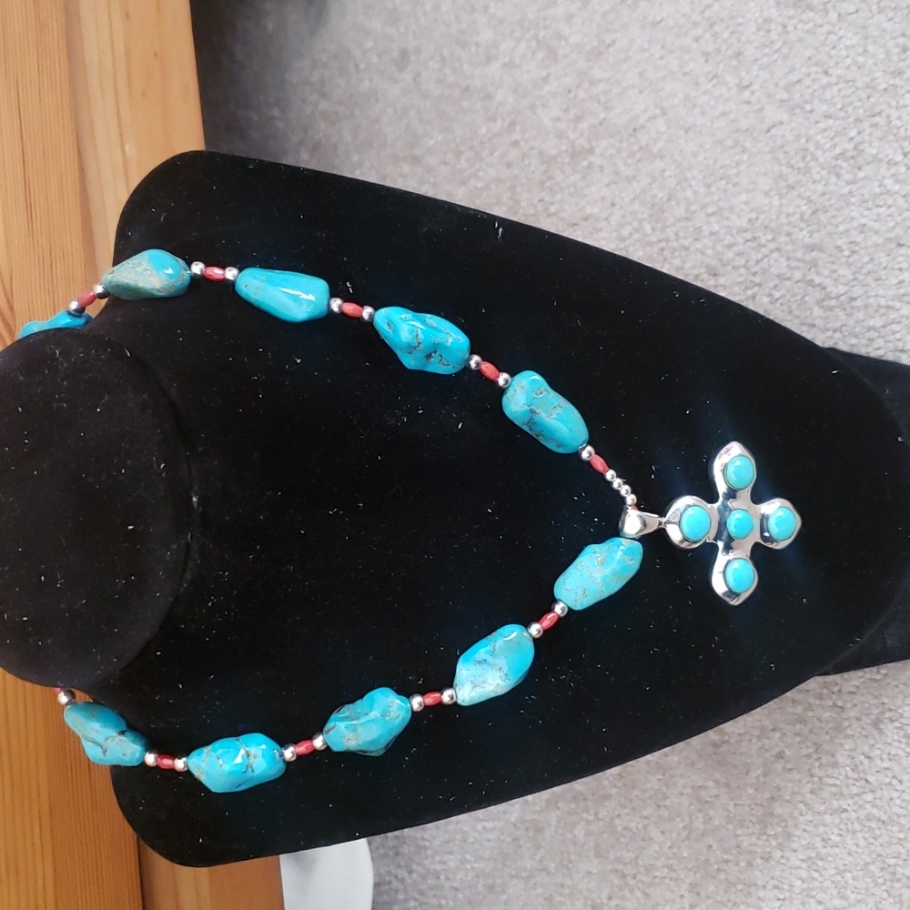 Barse Turquoise nugget and sterling silver cross necklace